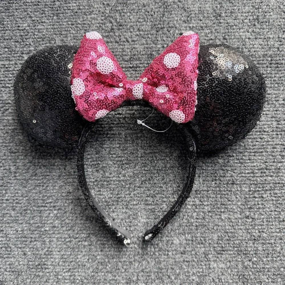 Disney Sequin Minnie Mouse Ears with Polka Dot Hot Pink Bow Headband NEW
